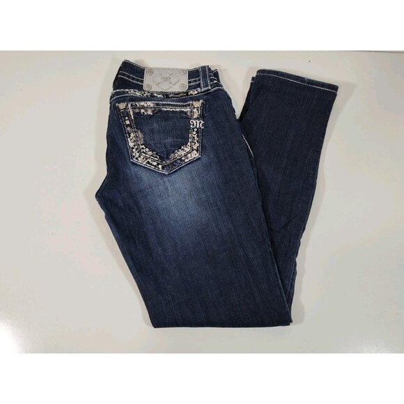 Miss Me Women's Jeans Size 26 Mid Rise Easy Skinny Embellished Pockets Dark Wash - Picture 1 of 12